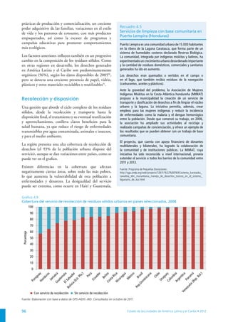 prácticas de producción y comercialización, un creciente
poder adquisitivo de las familias, variaciones en el estilo                     Recuadro 4.5
de vida y los patrones de consumo, con más productos                            Servicios de limpieza con base comunitaria en
                                                                                Puerto Lempira (Honduras)
empaquetados, así como la escasez de programas y
campañas educativas para promover comportamientos                               Puerto Lempira es una comunidad urbana de 15.000 habitantes
más ecológicos.                                                                 en la ribera de la Laguna Caratasca, que forma parte de un
                                                                                sistema de humedales costeros declarado Reserva Biológica.
Los factores anteriores influyen también en un progresivo                       La comunidad, integrada por indígenas miskitas y ladinos, ha
cambio en la composición de los residuos sólidos. Como                          experimentado un crecimiento urbano desordenado importante
en otras regiones en desarrollo, los desechos generados                         y la cantidad de residuos domésticos, comerciales y sanitarios
en América Latina y el Caribe son predominantemente                             generados ha ido en aumento.
orgánicos (56%), según los datos disponibles de 200550,                         Los desechos eran quemados o vertidos en el campo o
pero se detecta una creciente presencia de papel, vidrio,                       en el lago, que también recibía residuos de la navegación
plásticos y otros materiales reciclables o reutilizables51.                     (carburantes, aceites y plásticos).
                                                                                Ante la gravedad del problema, la Asociación de Mujeres
                                                                                Indígenas Miskitas en la Costa Atlántica hondureña (MIMAT)
Recolección y disposición                                                       propuso a la municipalidad la creación de un servicio de
                                                                                transporte y clasificación de desechos a fin de limpiar el núcleo
Una gestión que aborde el ciclo completo de los residuos                        urbano y la laguna. La iniciativa permitía, además, crear
sólidos, desde la recolección y transporte hasta la                             empleos para las mujeres indígenas y reducir la incidencia
                                                                                de enfermedades como la malaria y el dengue hemorrágico
disposición final, el tratamiento y su eventual reutilización                   entre la población. Desde que comenzó su trabajo, en 2006,
y aprovechamiento, conlleva claros beneficios para la                           la asociación ha ampliado sus actividades al reciclaje y
salud humana, ya que reduce el riesgo de enfermedades                           realizado campañas de concienciación, y ofrece un ejemplo de
transmisibles por agua contaminada, animales e insectos,                        los resultados que se pueden obtener con un trabajo de base
y para el medio ambiente.                                                       comunitaria.
                                                                                El proyecto, que cuenta con apoyo financiero de donantes
La región presenta una alta cobertura de recolección de                         multilaterales y bilaterales, ha logrado la colaboración de
desechos (el 93% de la población urbana dispone del                             la comunidad y de instituciones públicas. La MIMAT, cuya
servicio), aunque se dan variaciones entre países, como se                      iniciativa ha sido reconocida a nivel internacional, preveía
puede ver en el grafico.                                                        extender el servicio a todos los barrios de la comunidad entre
                                                                                2011 y 2013.
Existen diferencias en la cobertura que afectan
                                                                                Fuente: Programa de Pequeñas Donaciones:
negativamente ciertas áreas, sobre todo las más pobres,                         http://sgp.undp.org/web/projects/12611/%E2%80%9Csistema_karataska_
lo que aumenta la vulnerabilidad de esta población a                            tawahka_klin_munankaisa_manejo_de_desechos_toxicos_en_el_sistema_
                                                                                lagunario_de_kar.html
enfermedades y desastres. La desigualdad del servicio
puede ser extrema, como ocurre en Haití y Guatemala,

Gráfico 4.9
Cobertura del servicio de recolección de residuos sólidos urbanos en países seleccionados, 2008
              100
              90
              80
              70
              60
 Porcentaje




              50
              40
              30
              20
              10
               0




                    Con servicio de recolección   Sin servicio de recolección
Fuente: Elaboración con base a datos de OPS-AIDIS -BID. Consultados en octubre de 2011.



96                                                                                   Estado de las ciudades de América Latina y el Caribe • 2012
 