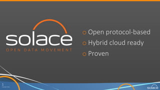1
Copyright  Solace  

o Open  protocol-­‐based
o Hybrid  cloud  ready
o Proven
 