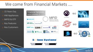 3
Copyright	Solace
Confidential
3
Copyright	Solace
Confidential
We	come	from	Financial	Markets	.
o 15	Years	Exp.
o HW	Appliances
o MiFiD	&	OTF	
o Key	Features
o Key	Customers
Financial	Services
(some	customers.)
 