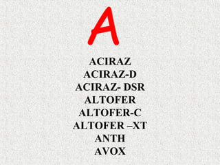 ACIRAZ
ACIRAZ-D
ACIRAZ- DSR
ALTOFER
ALTOFER-C
ALTOFER –XT
ANTH
AVOX
A
 