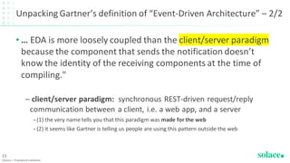 Unpacking Gartner’s definition of “Event-Driven Architecture” – 2/2
• … EDA is more loosely coupled than the client/server paradigm
because the component that sends the notification doesn’t
know the identity of the receiving components at the time of
compiling."
– client/server paradigm: synchronous REST-driven request/reply
communication between a client, i.e. a web app, and a server
• (1) the very name tells you that this paradigm was made for the web
• (2) it seems like Gartner is telling us people are using this pattern outside the web
©Solace | Proprietary & Confidential
11
 