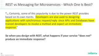 REST vs Messaging for Microservices - Which One Is Best?
“… Certainly, some of this popularity is due to the power REST provides
based on its own merits. Developers are also used to designing
applications with synchronous request/reply since APIs and Databases have
trained developers to invoke a method and expect an immediate
response.”
So when you design with REST, what happens if your service *does not*
produce an immediate response?
©Solace | Proprietary & Confidential
23
 