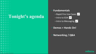 • Fundamentals
–Rapid Fire Use Cases ✅
–Intro to EDA ✅
–Intro to Messaging ✅
• Demos + Hands On!
• Networking / Q&A
Tonight’s agenda
©Solace | Proprietary & Confidential
43
 
