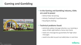 • In the Gaming and Gambling industry, EDAs
are used to power
– Online Poker & Gaming
– Activity Tracking & Fraud Detection
– Race/Sports Betting
• Technical problems faced:
– extremely spikey message volumes, e.g. receiving a
wave of bets right before a horse race starts
– need zero messageloss guarantees for high value
messages
– need to be able to push out odds/rates in real-time
Gaming and Gambling
©Solace | Proprietary & Confidential
5
 