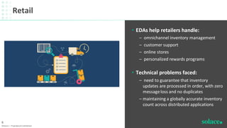 Retail
©Solace | Proprietary & Confidential
6
• EDAs help retailers handle:
– omnichannel inventory management
– customer support
– online stores
– personalized rewards programs
• Technical problems faced:
– need to guarantee that inventory
updates are processed in order, with zero
messageloss and no duplicates
– maintaining a globally accurate inventory
count across distributed applications
 