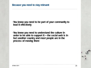Because you need to stay relevant <ul><li>You know you need to be part of your community to lead it effectively </li></ul>...