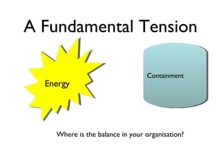 A Fundamental Tension

                                 Containment
  Energy




    Where is the balance in your organisation?
 