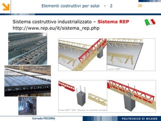 Corrado PECORA
Elementi costruttivi per solai - 2
Sistema costruttivo industrializzato – Sistema REP
http://www.rep.eu/it/sistema_rep.php
22
 
