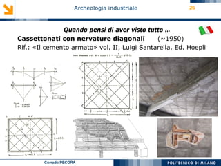 Corrado PECORA
Archeologia industriale
Quando pensi di aver visto tutto …
Cassettonati con nervature diagonali (~1950)
Rif.: «Il cemento armato» vol. II, Luigi Santarella, Ed. Hoepli
26
 