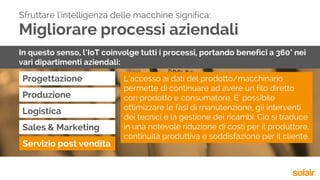 Migliorare processi aziendali
Progettazione
Sfruttare l'intelligenza delle macchine significa:
In questo senso, l’IoT coinvolge tutti i processi, portando benefici a 360° nei
vari dipartimenti aziendali:
Produzione
Logistica
Sales & Marketing
Servizio post vendita
L’accesso ai dati del prodotto/macchinario
permette di continuare ad avere un filo diretto
con prodotto e consumatore. E’ possibile
ottimizzare le fasi di manutenzione, gli interventi
dei tecnici e la gestione dei ricambi. Ciò si traduce
in una notevole riduzione di costi per il produttore,
continuità produttiva e soddisfazione per il cliente.
 