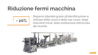 Riduzione fermi macchina
- 20%
Risparmi ottenibili grazie all’identificazione in
anticipo delle usure e delle sue cause, degli
interventi mirati, della sostituzione ottimizzata
dei ricambi.
 