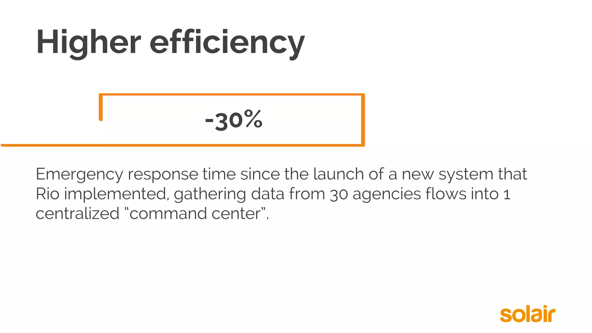 Higher efficiency
Emergency response time since the launch of a new system that
Rio implemented, gathering data from 30 agencies flows into 1
centralized “command center”.
-30%
 