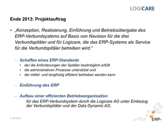 Ende 2013: Projektauftrag
 „Konzeption, Realisierung, Einführung und Betriebsübergabe des
ERP-Verbundsystems auf Basis von Navision für die drei
Verbundspitäler und für Logicare, die das ERP-Systems als Service
für die Verbundspitäler betreiben wird.“
 Schaffen eines ERP-Standards
 der die Anforderungen der Spitäler bestmöglich erfüllt
 die administrativen Prozesse unterstützt und
 der mittel- und langfristig effizient betrieben werden kann
 Einführung des ERP
 Aufbau einer effizienten Betriebsorganisation
für das ERP-Verbundsystem durch die Logicare AG unter Einbezug
der Verbundspitäler und der Data Dynamic AG.
11.08.2014 6
ERP-
 