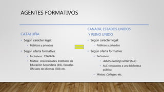 AGENTES FORMATIVOS
CATALUÑA
• Según carácter legal:
• Públicos y privados
• Según oferta formativa:
• Exclusivos: CFA/AFA
...