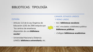 BIBLIOTECAS: TIPOLOGÍA
ESPAÑA
• Artículo 113 de la Ley Orgánica de
Educación (LOE) de 2006 estipula que
“los centros de en...