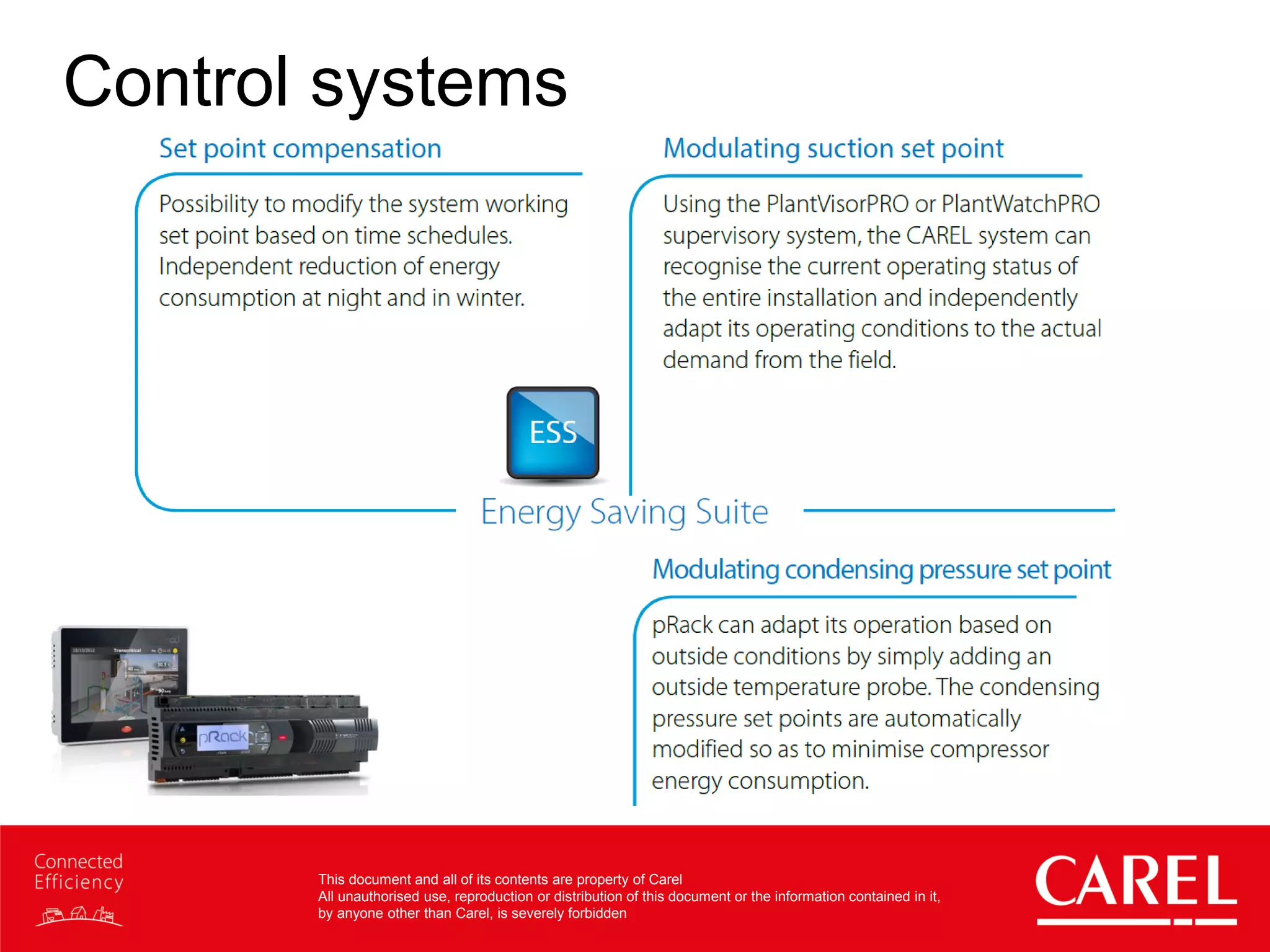 This document and all of its contents are property of Carel
All unauthorised use, reproduction or distribution of this document or the information contained in it,
by anyone other than Carel, is severely forbidden
Control systems
 