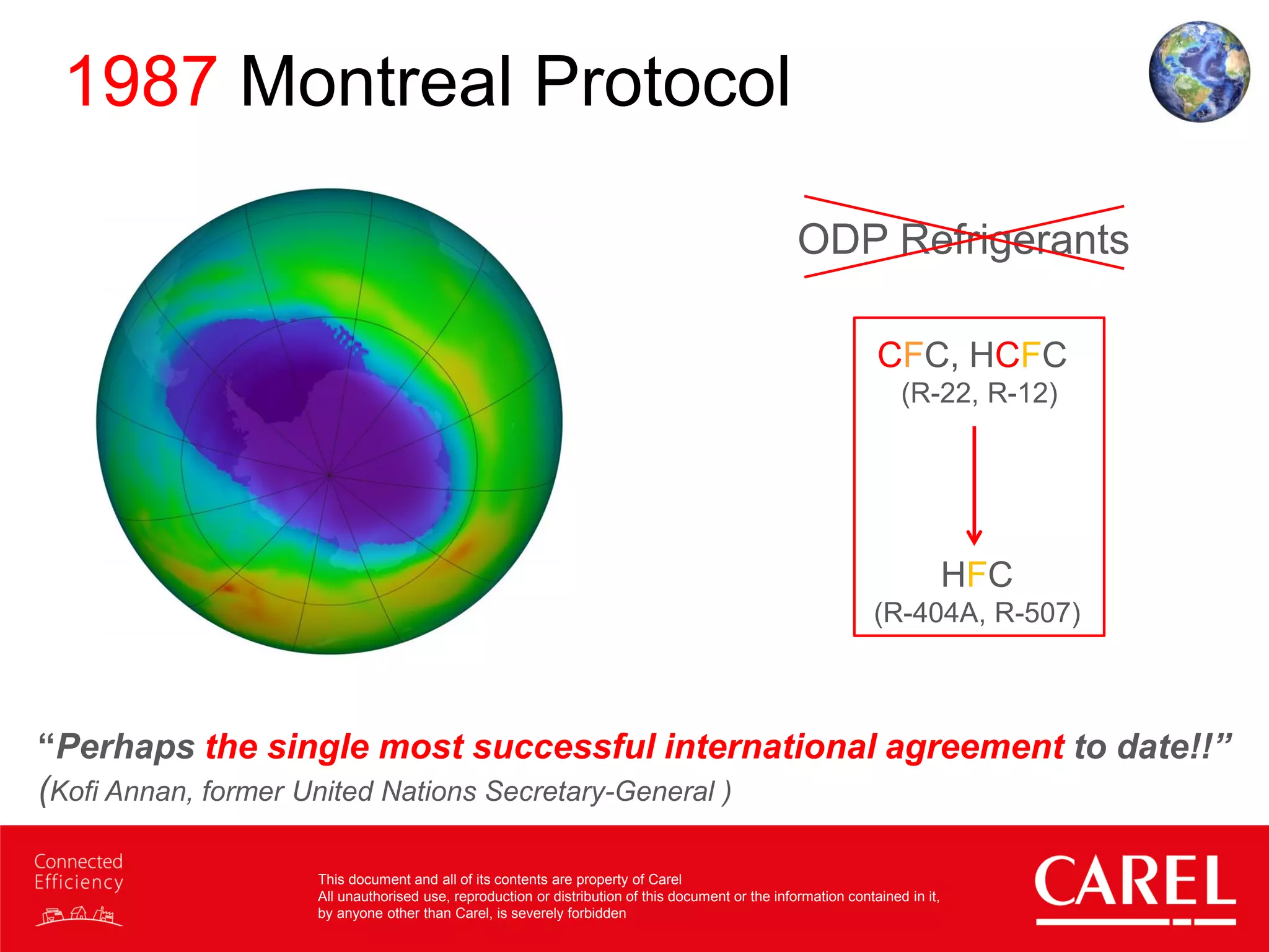 This document and all of its contents are property of Carel
All unauthorised use, reproduction or distribution of this document or the information contained in it,
by anyone other than Carel, is severely forbidden
1987 Montreal Protocol
ODP Refrigerants
“Perhaps the single most successful international agreement to date!!”
(Kofi Annan, former United Nations Secretary-General )
CFC, HCFC
(R-22, R-12)
HFC
(R-404A, R-507)
 