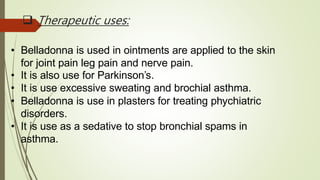 • Belladonna is used in ointments are applied to the skin
for joint pain leg pain and nerve pain.
• It is also use for Parkinson’s.
• It is use excessive sweating and brochial asthma.
• Belladonna is use in plasters for treating phychiatric
disorders.
• It is use as a sedative to stop bronchial spams in
asthma.
 Therapeutic uses:
 