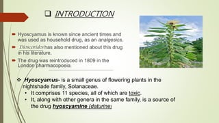  INTRODUCTION
 Hyoscyamus is known since ancient times and
was used as household drug, as an analgesics.
 Dioscorides has also mentioned about this drug
in his literature.
 The drug was reintroduced in 1809 in the
London pharmacopoeia.
 Hyoscyamus- is a small genus of flowering plants in the
nightshade family, Solanaceae.
• It comprises 11 species, all of which are toxic.
• It, along with other genera in the same family, is a source of
the drug hyoscyamine (daturine)
 