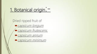 1. Botanical origin:-
Dried ripped fruit of
capsicum longum
capsicum frutescens.
capsicum annum
capsicum minimum
 