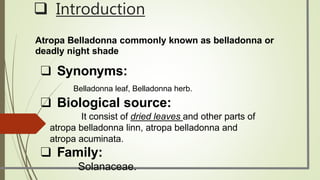 Atropa Belladonna commonly known as belladonna or
deadly night shade
❑ Synonyms:
Belladonna leaf, Belladonna herb.
❑ Biological source:
It consist of dried leaves and other parts of
atropa belladonna linn, atropa belladonna and
atropa acuminata.
❑ Family:
Solanaceae.
 Introduction
 