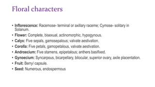 Floral characters
• Inflorescence: Racemose- terminal or axillary raceme; Cymose- solitary in
Solanum.
• Flower: Complete, bisexual, actinomorphic, hypogynous.
• Calyx: Five sepals, gamosepalous; valvate aestivation.
• Corolla: Five petals, gamopetalous, valvate aestivation.
• Androecium: Five stamens, epipetalous; anthers basifixed.
• Gynoecium: Syncarpous, bicarpellary, bilocular, superior ovary, axile placentation.
• Fruit: Berry/ capsule.
• Seed: Numerous, endospermous
 