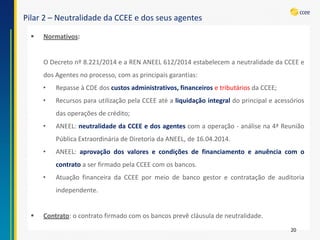 Pilar 2 –Neutralidade da CCEE e dos seus agentes 
20 
Normativos: ODecretonº8.221/2014eaRENANEEL612/2014estabelecemaneutralidadedaCCEEedosAgentesnoprocesso,comasprincipaisgarantias: 
•RepasseàCDEdoscustosadministrativos,financeirosetributáriosdaCCEE; 
•RecursosparautilizaçãopelaCCEEatéaliquidaçãointegraldoprincipaleacessóriosdasoperaçõesdecrédito; 
•ANEEL:neutralidadedaCCEEedosagentescomaoperação-análisena4ªReuniãoPúblicaExtraordináriadeDiretoriadaANEEL,de16.04.2014. 
•ANEEL:aprovaçãodosvaloresecondiçõesdefinanciamentoeanuênciacomocontratoaserfirmadopelaCCEEcomosbancos. 
•AtuaçãofinanceiradaCCEEpormeiodebancogestorecontrataçãodeauditoriaindependente. 
Contrato:ocontratofirmadocomosbancosprevêcláusuladeneutralidade.  