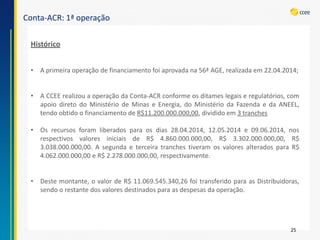 Conta-ACR: 1ª operação 
25 
Histórico 
•Aprimeiraoperaçãodefinanciamentofoiaprovadana56ªAGE,realizadaem22.04.2014; 
•ACCEErealizouaoperaçãodaConta-ACRconformeosditameslegaiseregulatórios,comapoiodiretodoMinistériodeMinaseEnergia,doMinistériodaFazendaedaANEEL, tendoobtidoofinanciamentodeR$11.200.000.000,00,divididoem3tranches 
•Osrecursosforamliberadosparaosdias28.04.2014,12.05.2014e09.06.2014,nosrespectivosvaloresiniciaisdeR$4.860.000.000,00,R$3.302.000.000,00,R$ 3.038.000.000,00.AsegundaeterceiratranchestiveramosvaloresalteradosparaR$ 4.062.000.000,00eR$2.278.000.000,00,respectivamente. 
•Destemontante,ovalordeR$11.069.545.340,26foitransferidoparaasDistribuidoras, sendoorestantedosvaloresdestinadosparaasdespesasdaoperação.  