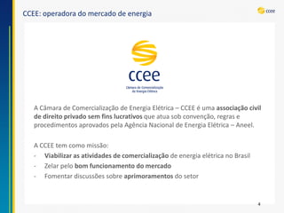 CCEE: operadora do mercado de energia 
A Câmara de Comercialização de Energia Elétrica –CCEE é uma associação civil de direito privadosem fins lucrativos queatua sob convenção, regras e procedimentos aprovados pela Agência Nacional de Energia Elétrica –Aneel. A CCEE tem como missão: 
-Viabilizar as atividades de comercializaçãode energia elétrica no Brasil 
-Zelar pelo bom funcionamento do mercado 
-Fomentar discussões sobre aprimoramentosdo setor 
4  
