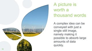 A picture is
worth a
thousand words
A complex idea can be
conveyed with just a
single still image,
namely making it
possible to absorb large
amounts of data
quickly.
10
 