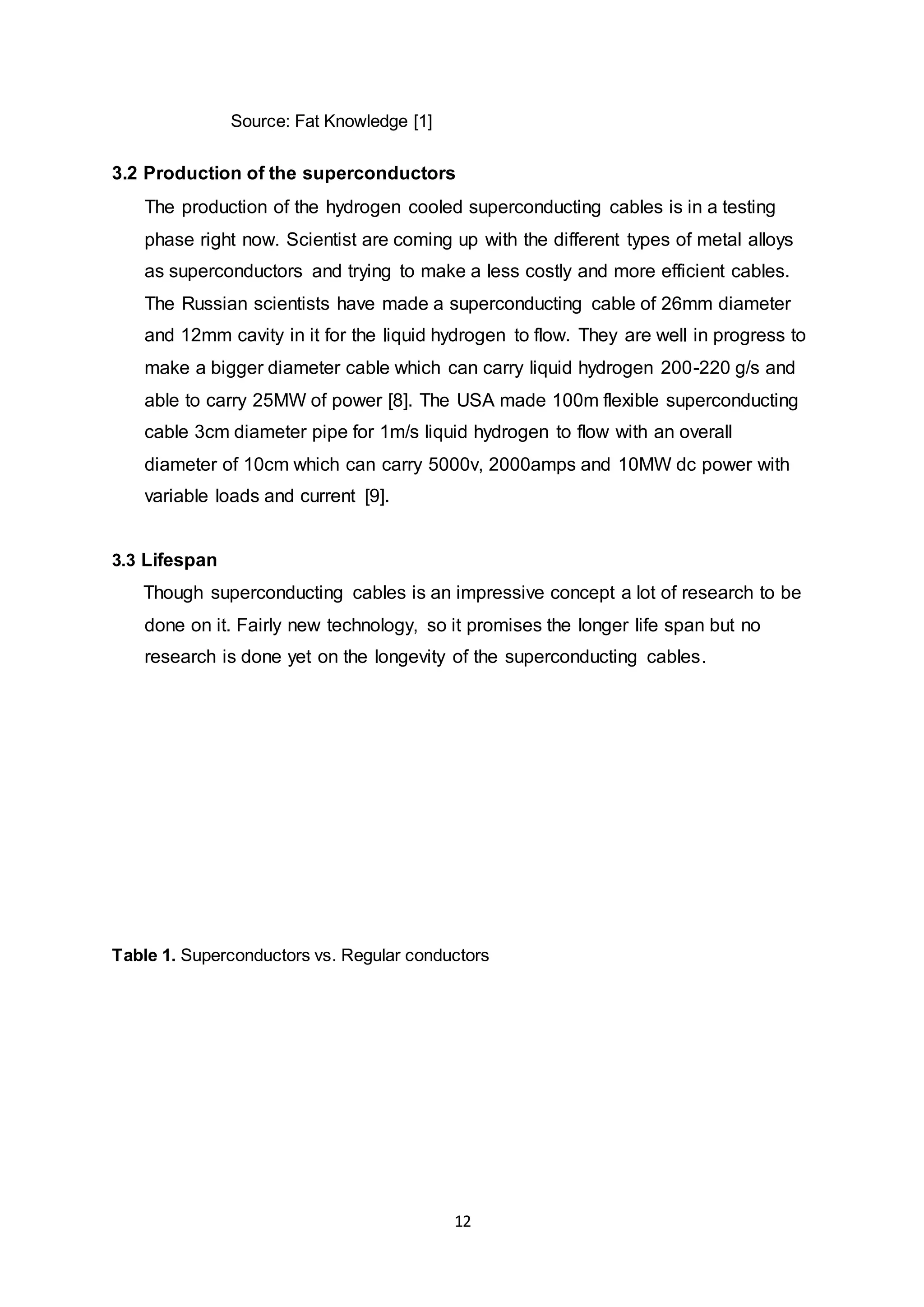12 
Source: Fat Knowledge [1] 
3.2 Production of the superconductors 
The production of the hydrogen cooled superconducting cables is in a testing 
phase right now. Scientist are coming up with the different types of metal alloys 
as superconductors and trying to make a less costly and more efficient cables. 
The Russian scientists have made a superconducting cable of 26mm diameter 
and 12mm cavity in it for the liquid hydrogen to flow. They are well in progress to 
make a bigger diameter cable which can carry liquid hydrogen 200-220 g/s and 
able to carry 25MW of power [8]. The USA made 100m flexible superconducting 
cable 3cm diameter pipe for 1m/s liquid hydrogen to flow with an overall 
diameter of 10cm which can carry 5000v, 2000amps and 10MW dc power with 
variable loads and current [9]. 
3.3 Lifespan 
Though superconducting cables is an impressive concept a lot of research to be 
done on it. Fairly new technology, so it promises the longer life span but no 
research is done yet on the longevity of the superconducting cables. 
Table 1. Superconductors vs. Regular conductors 
 