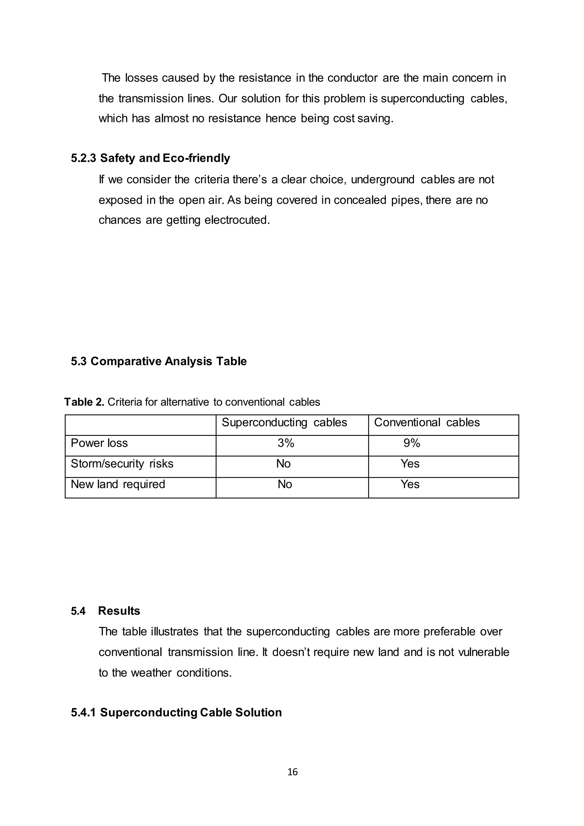 The losses caused by the resistance in the conductor are the main concern in 
the transmission lines. Our solution for this problem is superconducting cables, 
which has almost no resistance hence being cost saving. 
16 
5.2.3 Safety and Eco-friendly 
If we consider the criteria there’s a clear choice, underground cables are not 
exposed in the open air. As being covered in concealed pipes, there are no 
chances are getting electrocuted. 
5.3 Comparative Analysis Table 
Table 2. Criteria for alternative to conventional cables 
Superconducting cables Conventional cables 
Power loss 3% 9% 
Storm/security risks No Yes 
New land required No Yes 
5.4 Results 
The table illustrates that the superconducting cables are more preferable over 
conventional transmission line. It doesn’t require new land and is not vulnerable 
to the weather conditions. 
5.4.1 Superconducting Cable Solution 
 