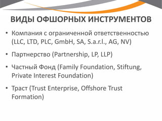 ВИДЫ ОФШОРНЫХ ИНСТРУМЕНТОВ 
•Компания с ограниченной ответственностью (LLC, LTD, PLC, GmbH, SA, S.a.r.l., AG, NV) 
•Партнерство (Partnership, LP, LLP) 
•Частный Фонд (Family Foundation, Stiftung, Private Interest Foundation) 
•Траст (Trust Enterprise, Offshore Trust Formation)  