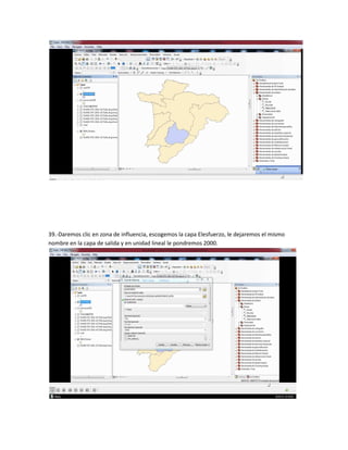 39.-Daremos clic en zona de influencia, escogemos la capa Elesfuerzo, le dejaremos el mismo
nombre en la capa de salida y en unidad lineal le pondremos 2000.
 