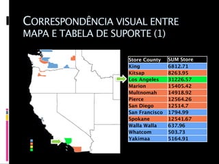 CORRESPONDÊNCIA VISUAL ENTRE
MAPA E TABELA DE SUPORTE (1)

                    Store County    SUM Store
                    King            Sales
                                    6812.71
                    Kitsap          8263.95
                    Los Angeles     31226.57
                    Marion          15405.42
                    Multnomah       14918.92
                    Pierce          12564.26
                    San Diego       12514.7
                    San Francisco   1794.99
                    Spokane         12541.67
                    Walla Walla     637.96
                    Whatcom         503.73
                    Yakimaa         5164.91
 