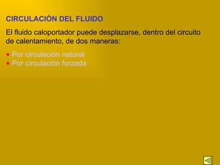 CIRCULACI Ó N DEL FLUIDO   El fluido caloportador puede desplazarse, dentro del circuito de calentamiento, de dos maneras:  •   Por circulación natural  •   Por circulación forzada  