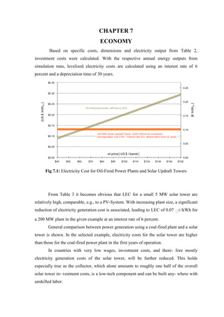 CHAPTER 7
ECONOMY
Based on specific costs, dimensions and electricity output from Table 2,
investment costs were calculated. With the respective annual energy outputs from
simulation runs, levelized electricity costs are calculated using an interest rate of 6
percent and a depreciation time of 30 years.
Fig 7.1: Electricity Cost for Oil-Fired Power Plants and Solar Updraft Towers
From Table 3 it becomes obvious that LEC for a small 5 MW solar tower are
relatively high, comparable, e.g., to a PV-System. With increasing plant size, a significant
reduction of electricity generation cost is associated, leading to LEC of 0.07 �C/kWh for
a 200 MW plant in the given example at an interest rate of 6 percent.
General comparison between power generation using a coal-fired plant and a solar
tower is shown. In the selected example, electricity costs for the solar tower are higher
than those for the coal-fired power plant in the first years of operation.
In countries with very low wages, investment costs, and there- fore mostly
electricity generation costs of the solar tower, will be further reduced. This holds
especially true as the collector, which alone amounts to roughly one half of the overall
solar tower in- vestment costs, is a low-tech component and can be built any- where with
unskilled labor.
 