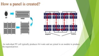How a panel is created?
An individual PV cell typically produces 0.6 watts and are joined in an module to produce
the required power.
 