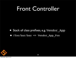 Front Controller


                   • Stack of class preﬁxes, e.g. Vendor_App
                   • /foo/bar/baz   => Vendor_App_Foo




                                       28
Wednesday, March 9, 2011
 