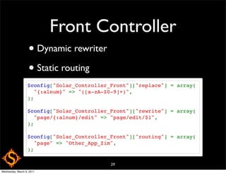 Front Controller
                   • Dynamic rewriter
                   • Static routing
                  $config["Solar_Controller_Front"]["replace"] = array(
                    "{:alnum}" => "([a-zA-Z0-9]+)",
                  );

                  $config["Solar_Controller_Front"]["rewrite"] = array(
                    "page/{:alnum}/edit" => "page/edit/$1",
                  );

                  $config["Solar_Controller_Front"]["routing"] = array(
                    "page" => "Other_App_Zim",
                  );

                                            29
Wednesday, March 9, 2011
 