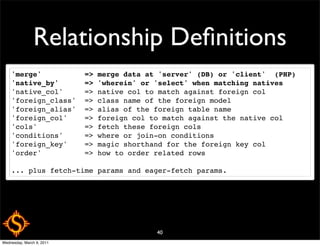 Relationship Deﬁnitions
    'merge'          => merge data at 'server' (DB) or 'client'  (PHP)
    'native_by'      => 'wherein' or 'select' when matching natives
    'native_col'     => native col to match against foreign col
    'foreign_class'  => class name of the foreign model
    'foreign_alias'  => alias of the foreign table name
    'foreign_col'    => foreign col to match against the native col
    'cols'           => fetch these foreign cols
    'conditions'     => where or join-on conditions
    'foreign_key'    => magic shorthand for the foreign key col
    'order'          => how to order related rows

    ... plus fetch-time params and eager-fetch params.




                                     40
Wednesday, March 9, 2011
 