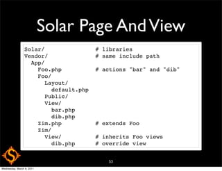 Solar Page And View
                Solar/               # libraries
                Vendor/              # same include path
                  App/
                    Foo.php          # actions "bar" and "dib"
                    Foo/
                      Layout/
                        default.php
                      Public/
                      View/
                        bar.php
                        dib.php
                    Zim.php          # extends Foo
                    Zim/
                      View/          # inherits Foo views
                        dib.php      # override view


                                         53
Wednesday, March 9, 2011
 