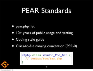 PEAR Standards

                   • pear.php.net
                   • 10+ years of public usage and vetting
                   • Coding style guide
                   • Class-to-ﬁle naming convention (PSR-0)
                           <?php class Vendor_Foo_Bar {
                             // Vendor/Foo/Bar.php
                           }
                                        7
Wednesday, March 9, 2011
 
