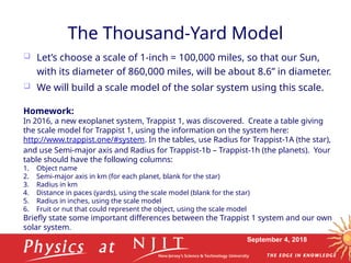 September 4, 2018
The Thousand-Yard Model
 Let’s choose a scale of 1-inch = 100,000 miles, so that our Sun,
with its diameter of 860,000 miles, will be about 8.6” in diameter.
 We will build a scale model of the solar system using this scale.
Homework:
In 2016, a new exoplanet system, Trappist 1, was discovered. Create a table giving
the scale model for Trappist 1, using the information on the system here:
http://www.trappist.one/#system. In the tables, use Radius for Trappist-1A (the star),
and use Semi-major axis and Radius for Trappist-1b – Trappist-1h (the planets). Your
table should have the following columns:
1. Object name
2. Semi-major axis in km (for each planet, blank for the star)
3. Radius in km
4. Distance in paces (yards), using the scale model (blank for the star)
5. Radius in inches, using the scale model
6. Fruit or nut that could represent the object, using the scale model
Briefly state some important differences between the Trappist 1 system and our own
solar system.
 