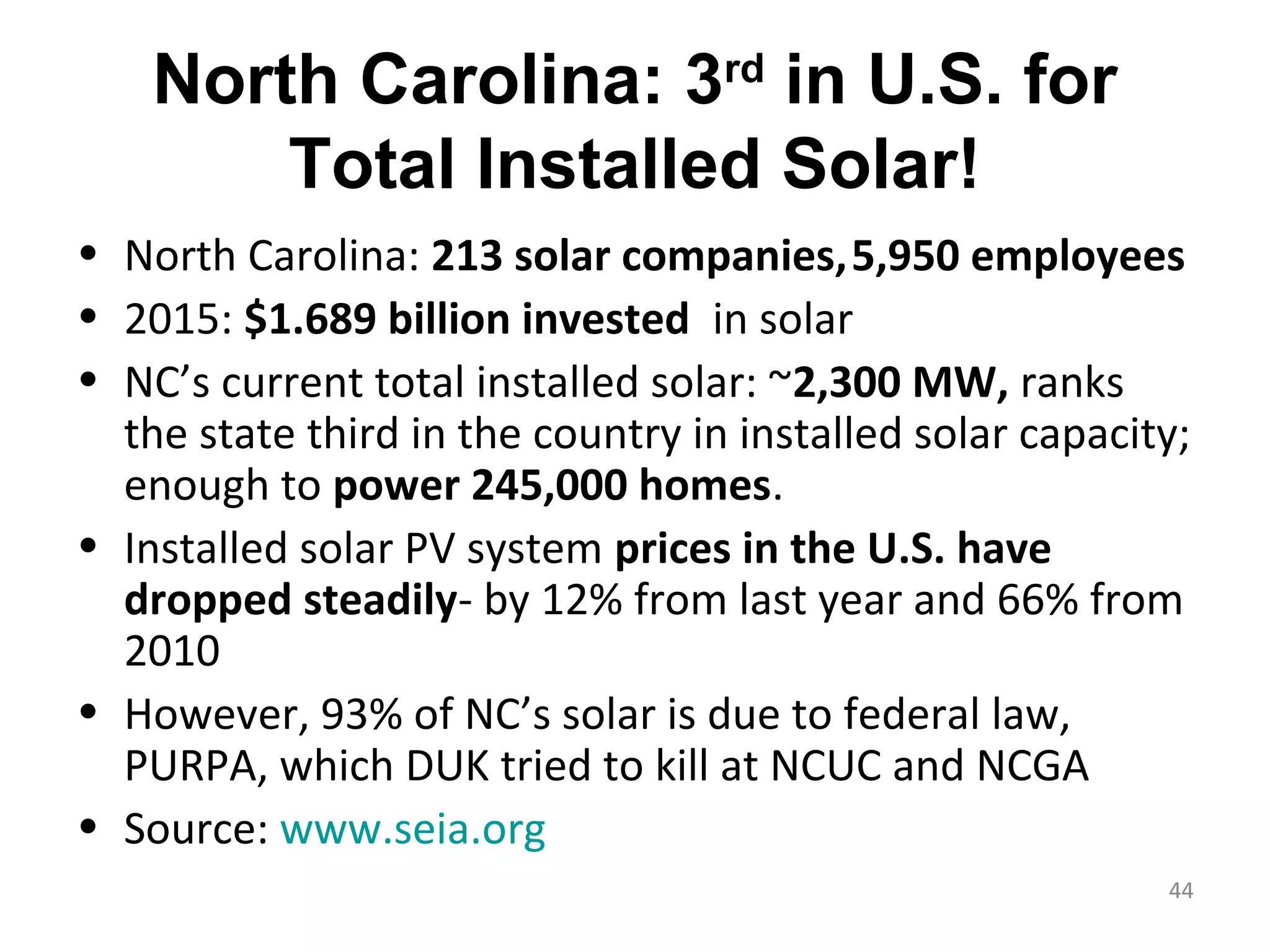 North Carolina: 3rd
in U.S. for
Total Installed Solar!
• North Carolina: 213 solar companies,5,950 employees
• 2015: $1.689 billion invested in solar
• NC’s current total installed solar: ~2,300 MW, ranks
the state third in the country in installed solar capacity;
enough to power 245,000 homes.
• Installed solar PV system prices in the U.S. have
dropped steadily- by 12% from last year and 66% from
2010
• However, 93% of NC’s solar is due to federal law,
PURPA, which DUK tried to kill at NCUC and NCGA
• Source: www.seia.org
44
 
