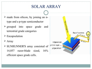 SOLAR ARRAY
 made from silicon, by joining an n-
type and a p-type semiconductor
 grouped into space grade and
terrestrial grade categories
 Encapsulation
 Array
 SUNRUNNER'S array consisted of
14,057 razor-blade sized, 16%
efficient space grade cells.
 