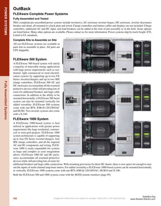   strings 5 to 6
six strings 5
This table shows inverter and module combinations for common
modules used in grid connected systems. For a given inverter and
module combination, the table displays the acceptable number of
series strings of modules and the number of modules per string
for temperatures between 14ºF and 104ºF. Where the inverter
will support more than one string of modules, the table shows the
number of modules that can be used with multiple strings. Sizing
is accurate in locations where the maximum temperature is lower
than 104ºF or the minimum temperature is higher than 14ºF. In
locations where the minimum temperature is lower than 14ºF, the
Grid-Tie
Use table below (continued next page) to determine array size/inverter combinations
maximum number of modules per string may be lower.
In the table on the next page, the line labeled CEC watts is the
expected output of the modules at normal operating temperature,
in full sun. The approximate power output of a system in full
sun will be the number of modules times the CEC rating of the
modules times the inverter efﬁciency from second column on the
table. Other factors, such as high or low temperature, shading,
array orientation, roof pitch and dirt on the modules, will affect
the system’s actual output.
9
The Solar Bus
Sherwin Electric
 