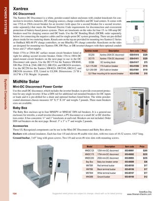 SYSTEM
DESIGN
Grid-tie systems with battery backup are conﬁgured
differently and are much more complex than standard
grid-tie systems without batteries. They need to be
custom designed. If you need a backup system, con-
sult with us to determine all the system components
that you will need.
Inverters for Grid-Tie with Battery Backup
OutBack also makes inverters and switchgear that
can be assembled into larger grid-tie w/ battery
backup systems.
The new Xantrex XW series of inverters offers
grid-tie inverters with battery backup capability in
6000-watt increments. Several can be stacked for
12kW or 18kW battery backup systems.
Worksheet: Inverter and Batteries for Grid-Tie w/ Backup System
Step 1 Find the power requirements (watts) for the appliances you need to power
during a black-out.
Make a list of the loads and appliances that you absolutely need to power during an outage. Only list the essential
items since the system size (and cost) will vary widely with power needed. The wattage of individual appliances
can usually be found on the back of the appliance or in the owners manual. You can use a Kill-a-Watt meter for
better measurements (page 120). If an appliance is rated in amps, multiply amps by the operating voltage (120 or
240) to ﬁnd watts. Add up the wattage of all the items on your list to arrive at the total amount of watts that you
need to run all at the same time. This will determine the size of the dual-function inverter that you will need.
Step 2 Decide the blackout duration you want to be prepared for.
Power outages last from a portion of an hour to a day (or more). Again, this decision will greatly affect the
system size and cost, so it is more cost-effective to stay on the conservative side.
Step 3 Find the amount of stored power required.
Multiply the power requirements (in step 1) by duration in hours (in step 2). The result will be in watt-hours. For
instance, if you need to power 1000 watts of appliances for 2 hours, you would need to have 2000 watt-hours
(or 2 kWh) of stored power.
Step 4 Calculate the power storage needed.
Multiply the ﬁgure arrived at in step 3 by 1.7. In the example, 2 kWh X 1.7 = 3.4 kWh of stored power
needed.
Step 5 Calculate battery capacity needed.
Divide the power storage requirement needed from step 4 by the DC voltage of the system (usually 48V, but
sometimes 24V) to get battery amp-hour (Ah) capacity. See the battery section on page 126 for more information
on batteries. Most backup systems use sealed batteries due to their greatly reduced maintenance requirements,
and because they can be more easily placed in enclosed battery compartments.
You can use the following steps to determine the dual-function inverter size and the battery capacity that your system will require.
Follow steps 1-5 on the PV Array Design Worksheet on page 8 to determine the size of the array required to provide the desired
percentage of total power. Then calculate the inverter size and battery capacity needed using the worksheet below.
Grid-Tie
with
Battery
Backup
11
The Solar Bus
Sherwin Electric
 