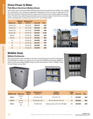 Please call us with any questions! Our contact information is on the cover.
PRE-CONFIGURED
SYSTEMS
17
Engineered Grid-Tie PV Systems with Battery Backup
These full-service renewable energy systems give you all the beneﬁts of utility
interconnection and net metering plus energy independence. With these grid-tie
systems, backup AC power is made available in the event of a utility outage,
providing reliable power and peace of mind. An average conversion efﬁciency
of 89% to 91% using the California Energy Commission (CEC) test protocol
provides greater savings and a shorter time period for system payback than pre-
vious designs.
Battery-backup grid-tie systems come with modules, array wiring, combiner
boxes, roof mounting structures, inverters/control systems with all required
over-current protection and disconnects. (Your speciﬁc installation or utility may
require additionalAC disconnects, which we can supply as needed). They require
a 48-volt battery bank to operate. The size of the battery determines the amount of
backup power available during power failure. Use the worksheet on the page 11
to determine battery bank size. Battery backup systems qualify for the California
Energy Commission incentives and the federal tax credit.
Grid-Tie
with
Battery
Backup
Grid-Tie Systems with Battery Backup (see table at bottom for batteries)
PV
watts
Module
quantity
Module brand
& watts Inverter Model
Backup	
 