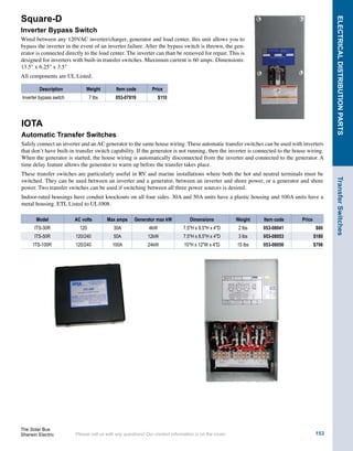 Suggested retail prices are subject to change; check with us for latest pricing.
PRE-CONFIGURED
SYSTEMS
18
Remote
Power
AEE Solar RPPS
Remote Photovoltaic Power Supply
Remote Security
•
Communications
•
Satellite Communications
•
Wireless Data
•
Cathodic Protection
•
AEE Solar Remote Photovoltaic Power Supply (RPPS) systems are standalone PV power
systems designed to supply a wide variety of remote power requirements. All RPPS
systems are complete packaged systems consisting of photovoltaic modules, mounting
structures, batteries, battery enclosure, wiring and necessary charge regulation circuitry.
RPPS systems can be pole or ground mounted.
RPPS systems represent the highest standards of reliability. All components have passed
rigorous testing and are suitable for use in the harshest of environments. All RPPS sys-
tems are individually tested at the AEE production facility, assuring years of trouble-free
operation.
Suitable for powering lights, sensors, monitors, security cameras, illuminated signage, trafﬁc
signals, communications equipment and more, the DuraGEN solar engine is designed to
perform in remote and industrial settings where durable construction and reliable opera-
tion are critical.
AEE Solar RPPS systems are built on years of experience designing reliable solar-powered
equipment for telecommunications, signal, trafﬁc, railroad and oil industry projects. They
come pre-assembled, pre-wired, pre-tested and ready to install.All connections are clearly
labeled and precise instructions are included to make installation quick and easy.
AEE Solar RPPS systems are designed to operate ﬂawlessly in the most harsh environ-
ments. The lightweight powder-coated aluminum enclosure offers corrosion protection
in most environments.
USA Solar Insolation Zones
SolarBus.Org
www.Sherwin-Electric.com
 